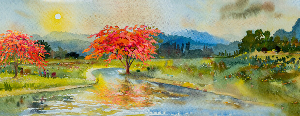 Watercolor landscape paintings colorful of red flowers tree, mountain in the Panorama view and emotion rural society.