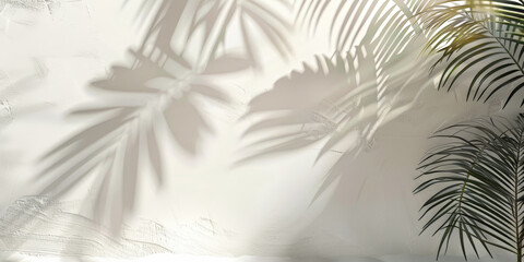 Palm leaves casting shadows on a light-colored wall creating a serene and tropical atmosphere
