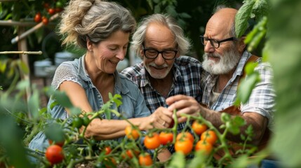 Happy Seniors friends planting small tomatoes together, taking care of home vegetables plants. Generative ai.