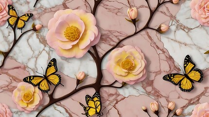 pink background with a tree with yellow flowers and yellow butterflies.