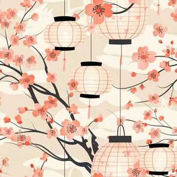 Seamless pattern of Japanese lanterns with cherry blossoms and delicate lines