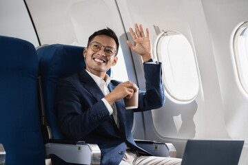 Airplane, travel and portrait of male with journey and backpack.