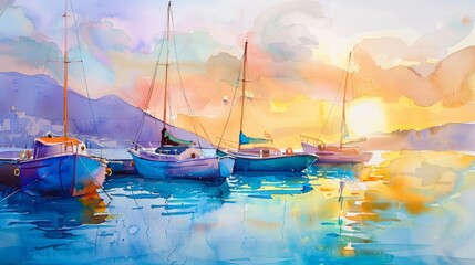 Boats anchored in a peaceful harbor during sunrise, light watercolor painting.