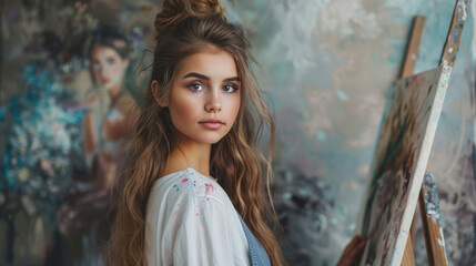 Fototapeta premium Young Woman Artist Painting in Colorful Art Studio. Generative ai