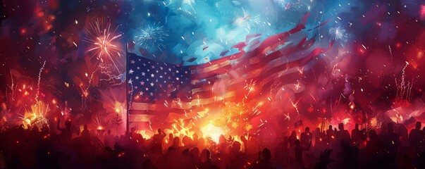 Worms-eye perspective of a grand American flag fluttering against a backdrop of fireworks