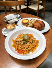 hot brew drink cappuccino coffee mocha piccolo latte  with chicken tomato pasta and tuna pastry croissant egg tart vegan healthy restaurant beverage cafe halal food bar menu