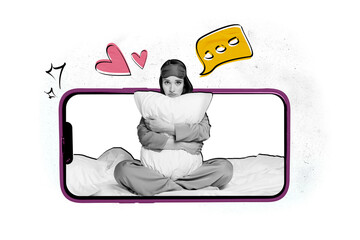 Obraz premium Trend artwork composite photo collage of huge smartphone device screen young lady hand hold pillow wait recieve write sms heart like