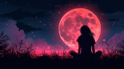 The disciple meditates against the backdrop of the moon. Guru Purnima festival. Illustration