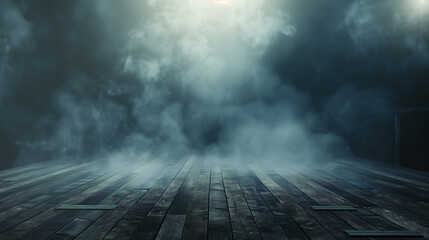 Foggy empty wooden stage with dramatic atmospheric lighting