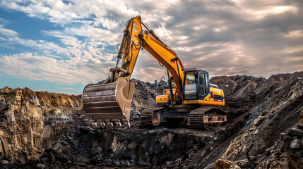 Heavy construction excavator digging in a large open-pit mine