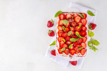 Summer strawberry tiramisu dessert, Berry fruit version of summer tiramisu cake with fresh strawberry, mascarpone and savoyardi