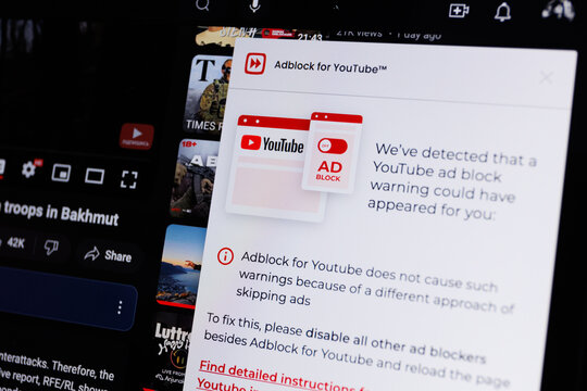Adblock warning for youtube displayed on laptop screen