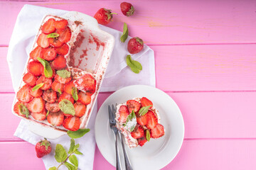 Summer strawberry tiramisu dessert, Berry fruit version of summer tiramisu cake with fresh strawberry, mascarpone and savoyardi