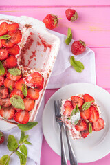 Summer strawberry tiramisu dessert, Berry fruit version of summer tiramisu cake with fresh strawberry, mascarpone and savoyardi