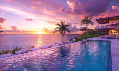 A wide-angle view of a pristine infinity pool overlooking a serene ocean sunset, with luxurious lounge chairs and palm trees lining the poolside. The tranquil water reflects.