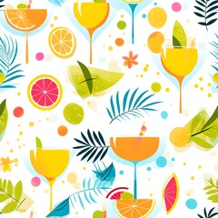 summer  seamless pattern of lemon drinks! This combination of juicy lemons and intoxicating tropical flowers fascinates with freshness and awakens the taste buds.