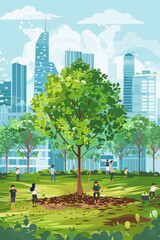 Urban greening initiatives and tree planting in city parks, hands outline concept. Sustainable neighborhood practices for eco-friendly living vector illustration.