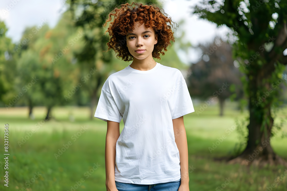 Wall mural T-Shirt Mockup for Young Women, Female Model T-Shirt Mockup, Casual T-Shirt Mockup, Editable T-Shirt Mockups: Easily Customize Your Designs on a Young Woman, Eye-Catching T-Shirt Mockups