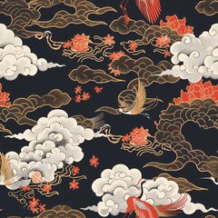 Japanese crane and cloud motif in a seamless design with red and gold accents