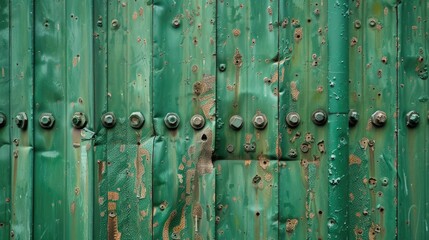 A wall made of green corrugated sheet metal with seams and bolts stretching across the picture
