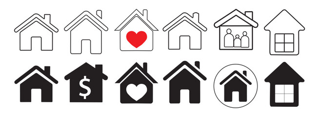Home icon vector set in flat style. Homepage symbols collection in outline and fill.
