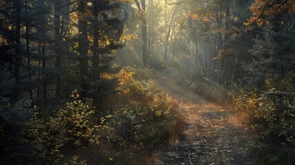 Path through the woods during an early autumn morning