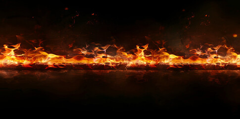 Fire flames texture on black background, fire wall with copy space for design use. Abstract burning background. Fire isolated. Flat horizontal hot and red flame border.