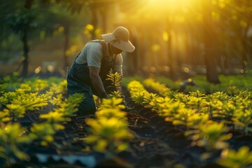 A farmer tending to young plants in a field during a sunny day, showcasing early morning agricultural work and dedication to cultivation.