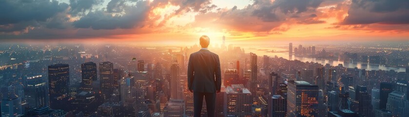 A visionary stands above a sprawling urban landscape, bathed in the dramatic light of dawn, reflecting on progress and the future
