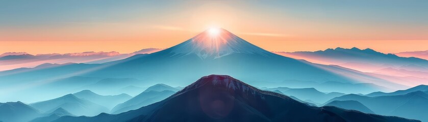 A stylized mountain summit under a soft sunrise, evoking a sense of tranquility and grandeur, perfect for inspirational themes