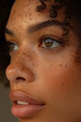 Fototapeta premium Close-up of a young woman with curly hair and freckles. The image highlights her clear skin, natural beauty, and detailed facial features, showcasing her striking eyes and healthy complexion.