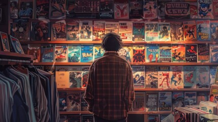 A person browsing comic books in a vintage shop with layered shelves and colorful covers creating a nostalgic atmosphere.