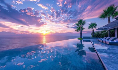 A wide-angle view of a pristine infinity pool overlooking a serene ocean sunset, with luxurious lounge chairs and palm trees lining the poolside. The tranquil water reflects.