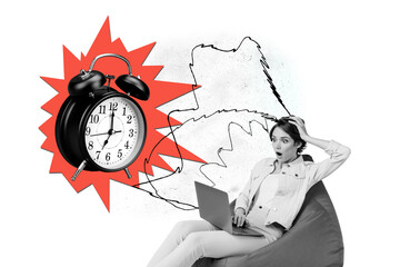 Trend artwork sketch image composite 3D photo collage of huge clock time deadline work job young woman sit beanbag shocked laptop type