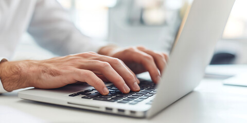 Male IT specialist employee working on laptop SEO optimization keyword research for customer targeting, business plan and marketing strategy office concept banner.