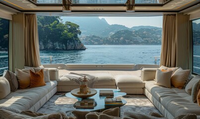 Fototapeta premium The interior of a luxurious yacht, featuring plush seating, a sleek modern design, and panoramic views of the surrounding blue sea. Elegant finishes and ambient lighting create an opulent atmosphere.