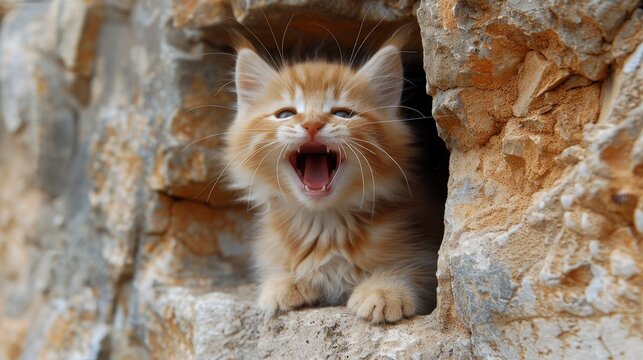 Surprised white cat in banner hole with space for product placement or advertising text