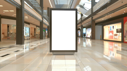 Blank billboard or advertising light box for your text message or media content in modern department store shopping mall.