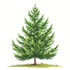 Detailed illustration of a lush evergreen pine tree, showing its full, symmetrical shape and vibrant green needles.