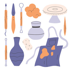 Obraz premium Set of pottery tools in flat style. Collection of tools for clay in hand drawn style. Vector illustration.