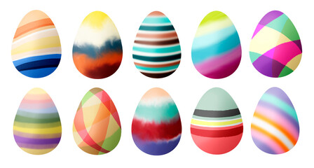 Isolated colorful set of Easter eggs painted in bright stripes