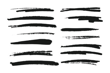 Highlighter collection, brush lines, isolated in white background. Marker yellow set, brush pen hand drawn underline. Vector highlighter graphic stylish element.