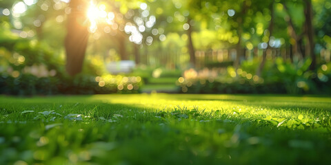Sunlit garden with vibrant greenery and a beautiful bokeh effect capturing the freshness of morning dew on grass and the warm glow of sunlight filtering through trees
