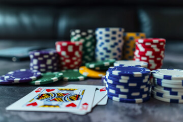 Lots of chips and playing cards on a  casino table. Concept of poker betting and gambling