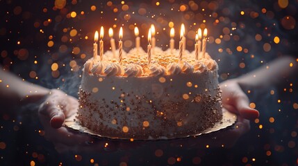 Office birthday celebration colleagues surprising with cake and gifts, corporate party concept