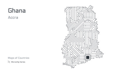 Ghana Map with a capital of Accra Shown in a Microchip Pattern with processor. E-government. World Countries vector maps. Microchip Series	