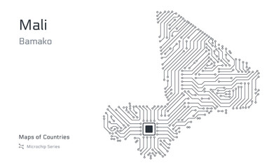 Mali Map with a capital of Bamako Shown in a Microchip Pattern with processor. E-government. World Countries vector maps. Microchip Series	