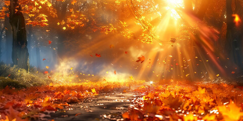 Sunlit autumn forest with vibrant orange leaves and falling foliage creating a warm and enchanting atmosphere with golden sunlight filtering through the trees