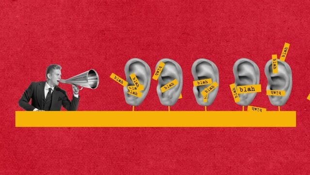 Man in official attire talking in megaphone to ears placed in line.. Blah blah. Empty words, manipulative speech. Stop motion, animation. Concept of propaganda, information, pressure. Creative design