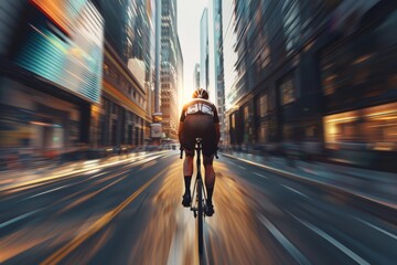 Cyclist speeding through a bustling city street at sunset, surrounded by tall buildings and dynamic urban lights.